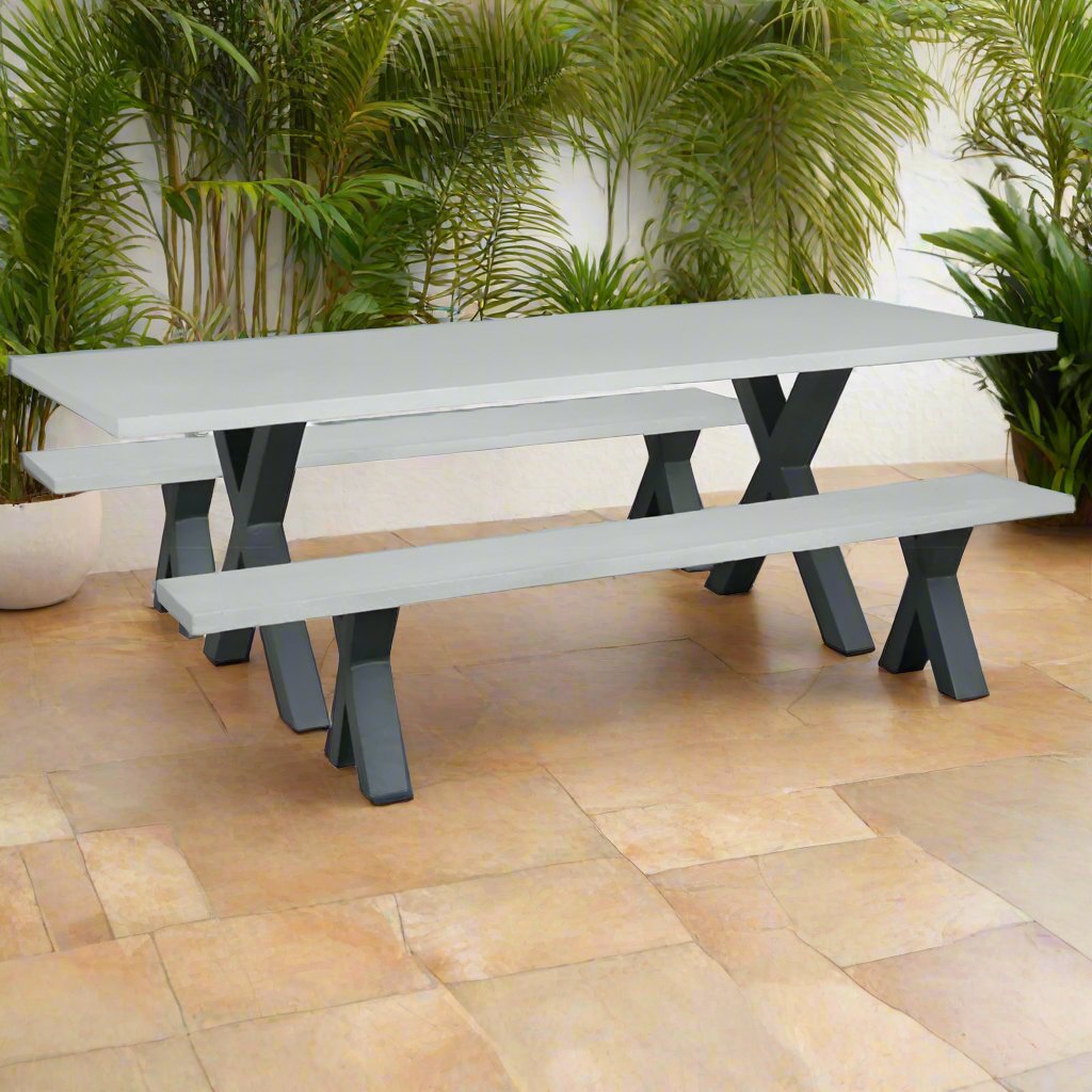 Switch Cement Table with Cement Benches Dining Setting - Gunmetal X Leg